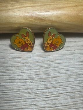 Vintage Winnie the Pooh & Piglet Heart Enamel Stud Earrings